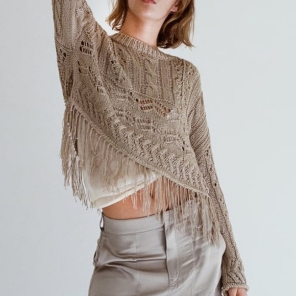 Zara Sweaters - Zara Knit Crochet Fringe tan Sweater M Boho Western Cowgirl summer Festival